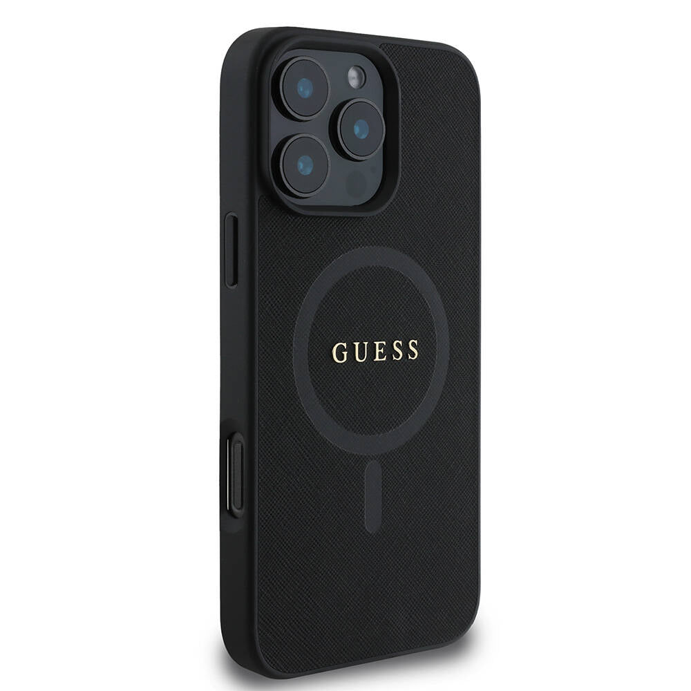 Husa MagSafe pentru Apple iPhone 16 Pro Max, Guess, Saffiano Classic Logo, Neagra