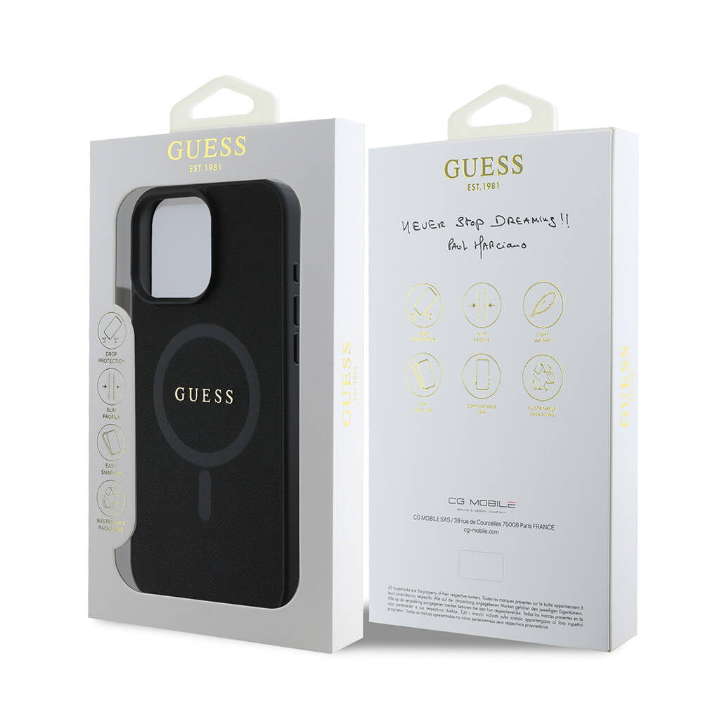 Husa MagSafe pentru Apple iPhone 16 Pro Max, Guess, Saffiano Classic Logo, Neagra