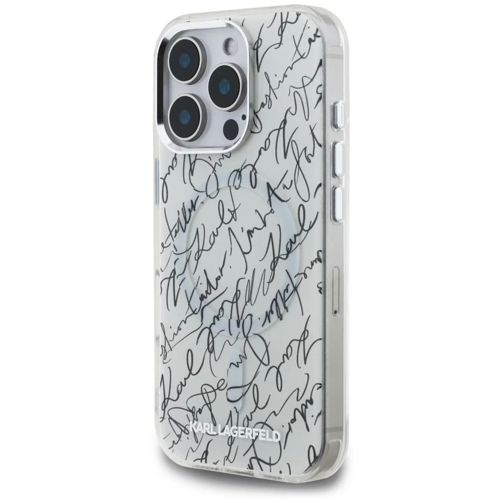 Husa MagSafe pentru Apple iPhone 16 Pro Max, Karl Lagerfeld, IML Karl Script Pattern, Alba