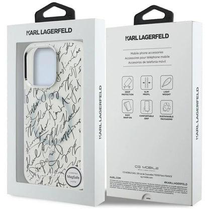 Husa MagSafe pentru Apple iPhone 16 Pro Max, Karl Lagerfeld, IML Karl Script Pattern, Alba