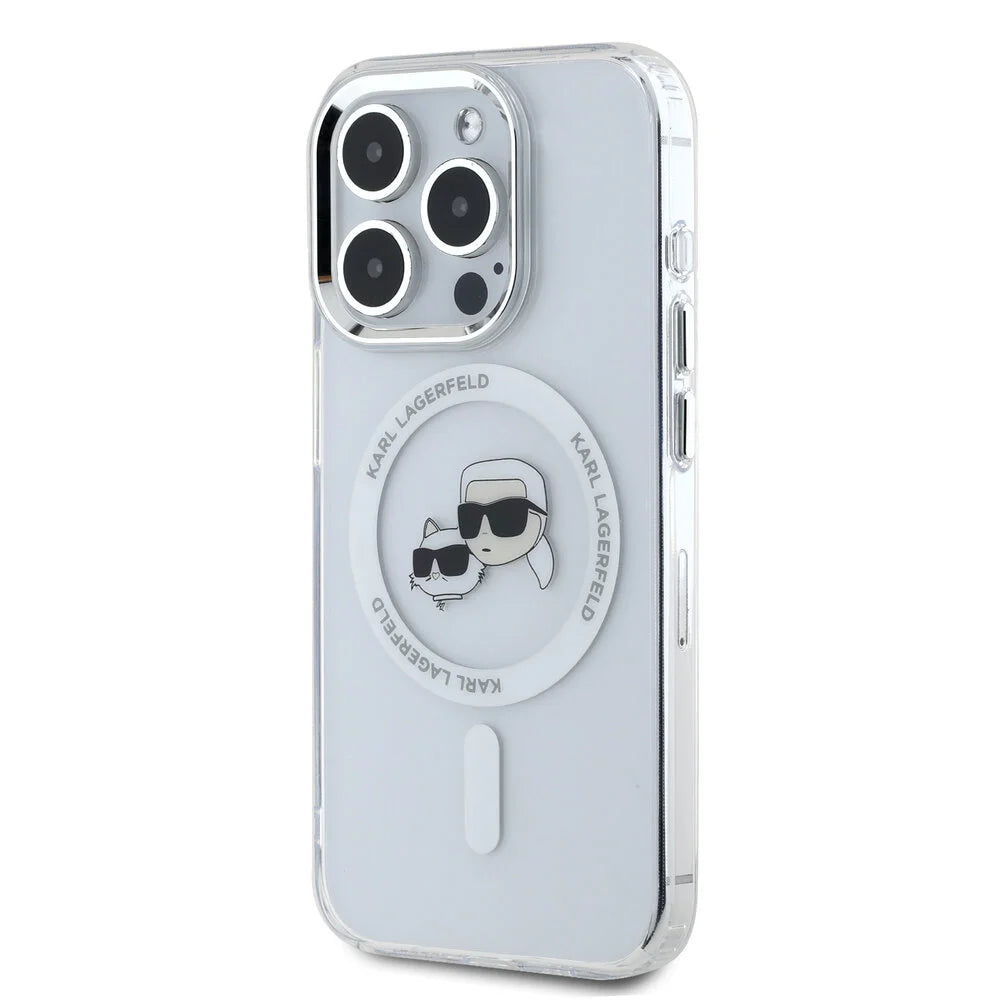 Husa MagSafe pentru Apple iPhone 16 Pro Max, Karl Lagerfeld, IML Metal Karl & Choupette's Heads, Alba