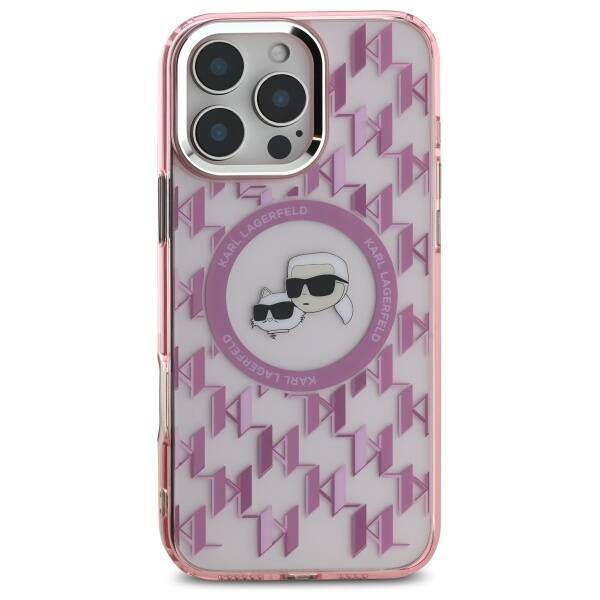Husa MagSafe pentru Apple iPhone 16 Pro Max, Karl Lagerfeld, IML Monogram Karl & Choupette's Heads, Roz