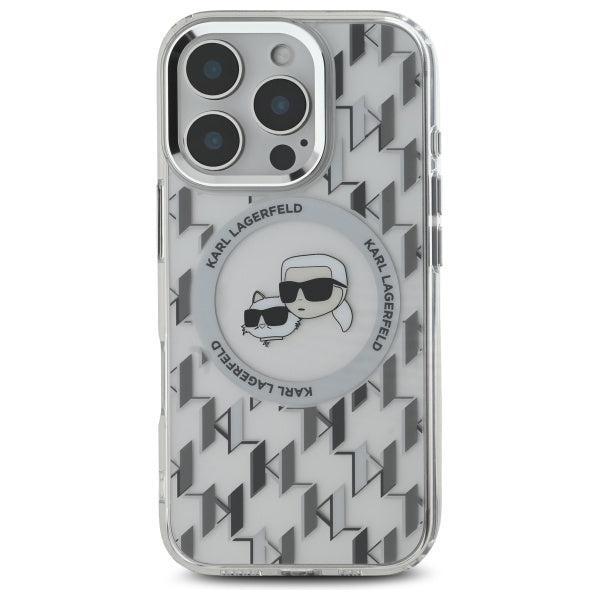 Husa MagSafe pentru Apple iPhone 16 Pro Max, Karl Lagerfeld, IML Monogram Karl & Choupette's Heads, Transparenta