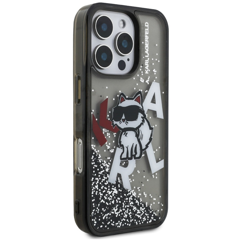 Husa MagSafe pentru Apple iPhone 16 Pro Max, Karl Lagerfeld, Liquid Glitter Choupette Logo, Neagra