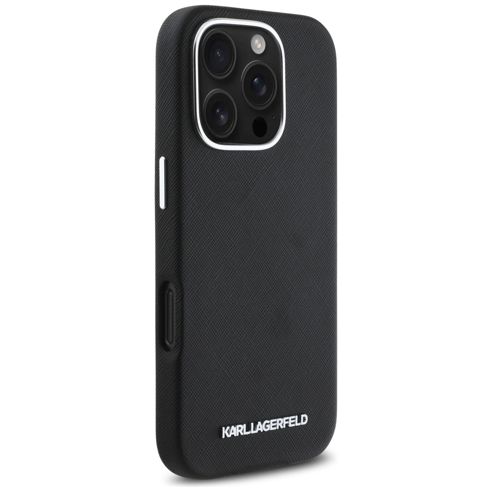 Husa MagSafe pentru Apple iPhone 16 Pro Max, Karl Lagerfeld, Saffiano Full Wrapped Elongated Metal Logo, Neagra