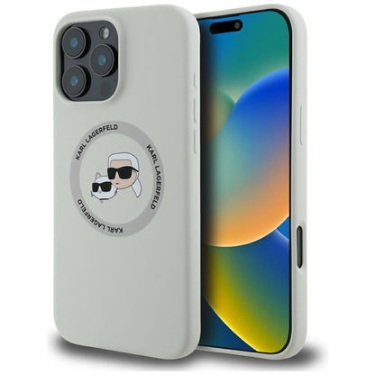 Husa MagSafe pentru Apple iPhone 16 Pro Max, Karl Lagerfeld, Silicone Karl & Choupette's Heads, Bej