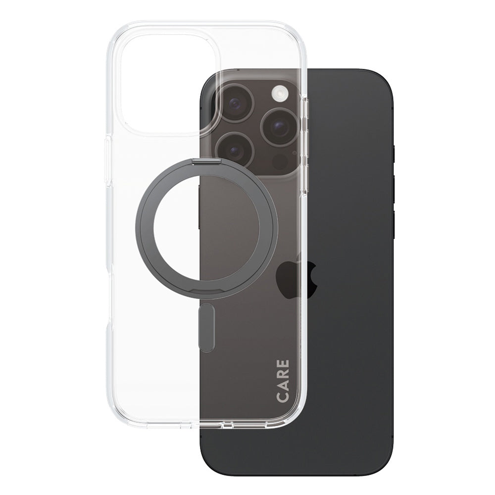 Husa MagSafe pentru Apple iPhone 16 Pro Max, PanzerGlass, Care Feature Kickstand, Transparenta Neagra