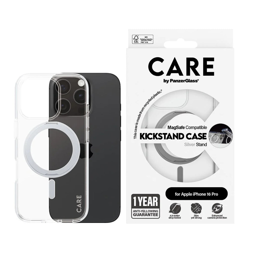 Husa MagSafe pentru Apple iPhone 16 Pro, PanzerGlass, Care Feature Kickstand, Transparenta Argintie