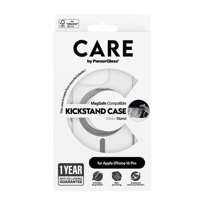 Husa MagSafe pentru Apple iPhone 16 Pro, PanzerGlass, Care Feature Kickstand, Transparenta Argintie