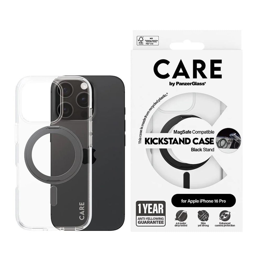 Husa MagSafe pentru Apple iPhone 16 Pro, PanzerGlass, Care Feature Kickstand, Transparenta Neagra