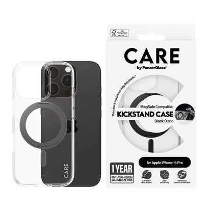 Husa MagSafe pentru Apple iPhone 16 Pro, PanzerGlass, Care Feature Kickstand, Transparenta Neagra
