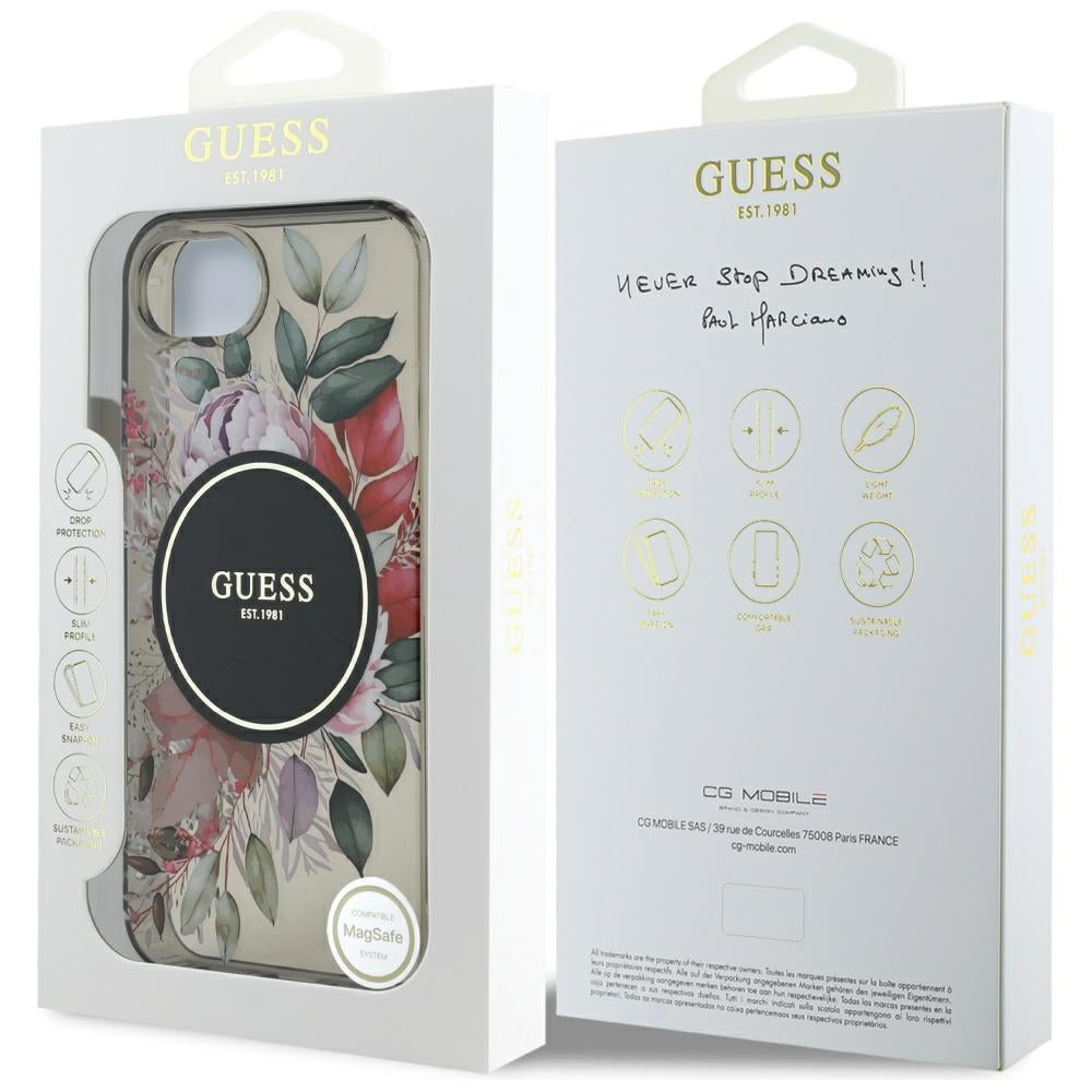 Husa MagSafe pentru Apple iPhone 16e, Guess, IML Flowers, Neagra