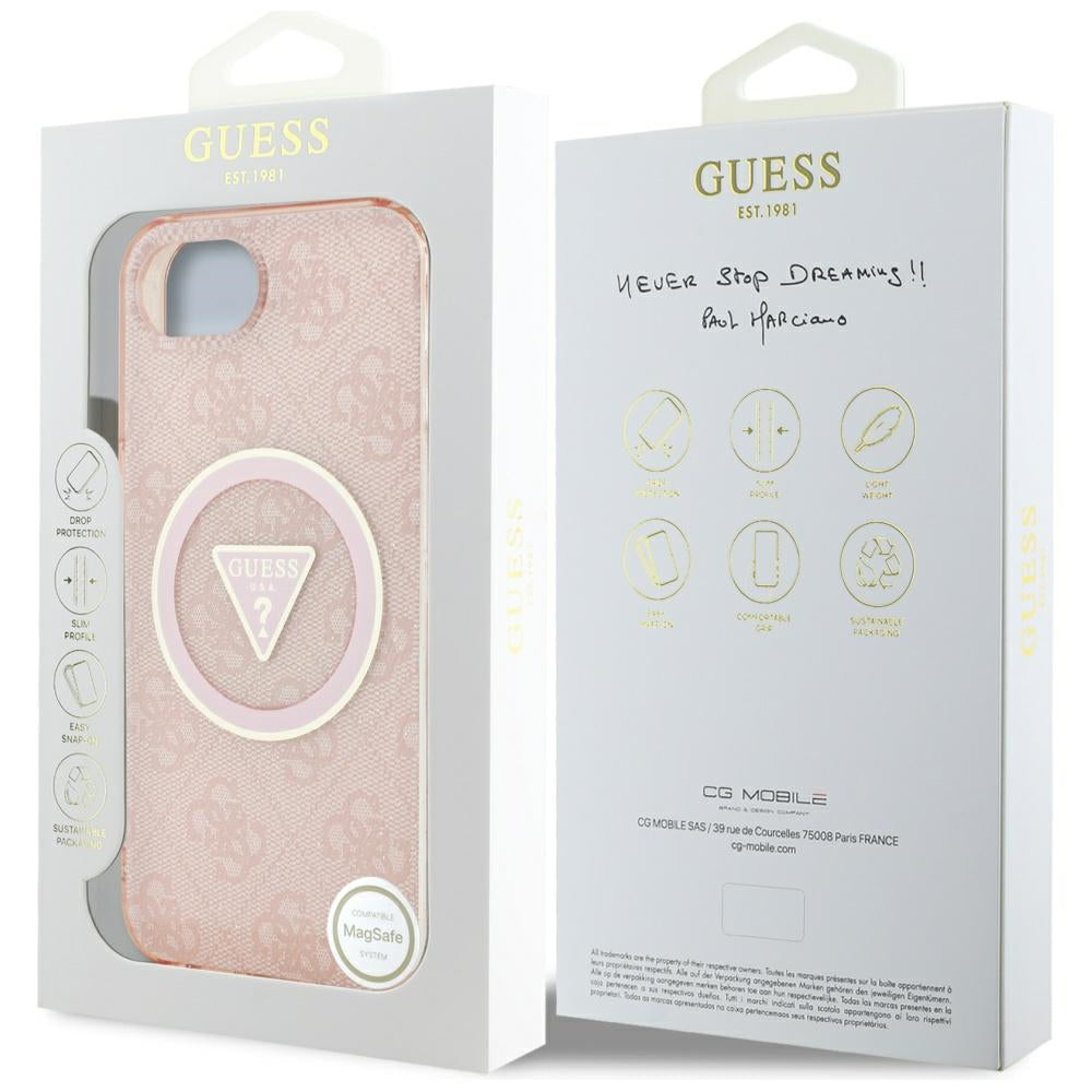 Husa MagSafe pentru Apple iPhone 16e, Guess, IML Glitter 4G Circle Triangle, Roz