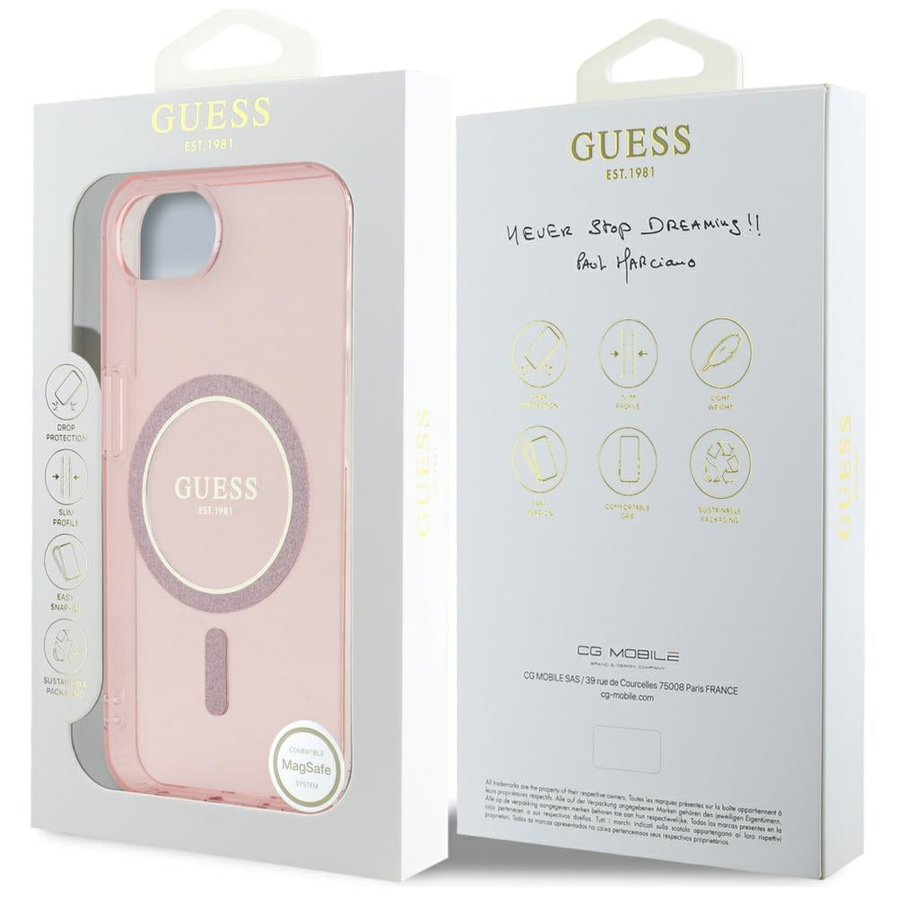 Husa MagSafe pentru Apple iPhone 16e, Guess, IML Glitter Circle, Roz