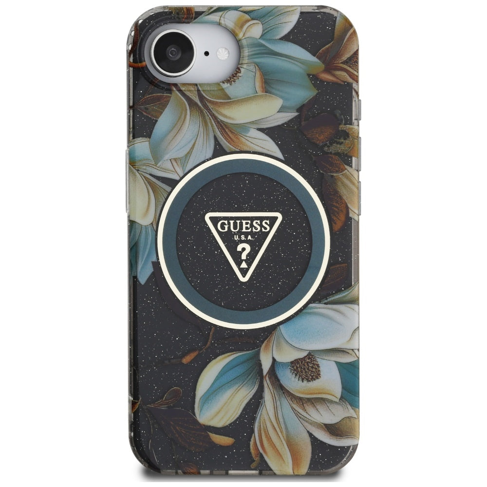 Husa MagSafe pentru Apple iPhone 17e / 16e, Guess, IML Metal Glitter Flowers Triangle, Neagra