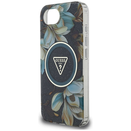 Husa MagSafe pentru Apple iPhone 17e / 16e, Guess, IML Metal Glitter Flowers Triangle, Neagra