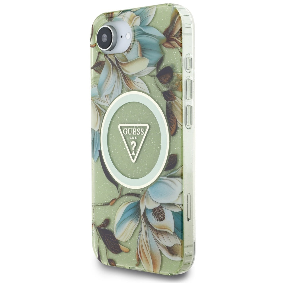 Husa MagSafe pentru Apple iPhone 17e / 16e, Guess, IML Metal Glitter Flowers Triangle, Verde
