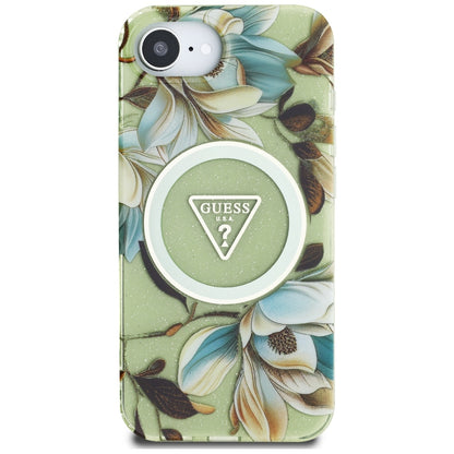 Husa MagSafe pentru Apple iPhone 17e / 16e, Guess, IML Metal Glitter Flowers Triangle, Verde