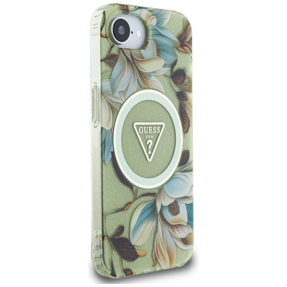 Husa MagSafe pentru Apple iPhone 17e / 16e, Guess, IML Metal Glitter Flowers Triangle, Verde