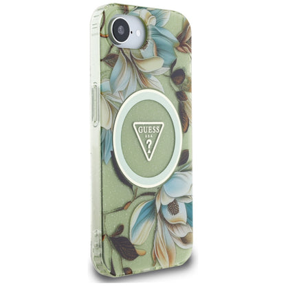 Husa MagSafe pentru Apple iPhone 17e / 16e, Guess, IML Metal Glitter Flowers Triangle, Verde