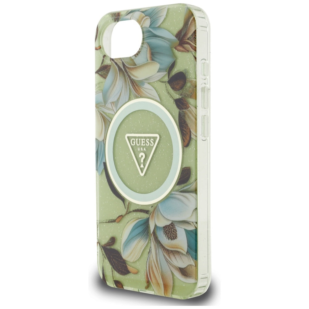 Husa MagSafe pentru Apple iPhone 17e / 16e, Guess, IML Metal Glitter Flowers Triangle, Verde