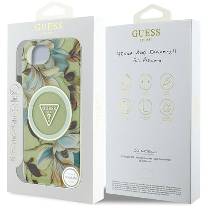 Husa MagSafe pentru Apple iPhone 17e / 16e, Guess, IML Metal Glitter Flowers Triangle, Verde