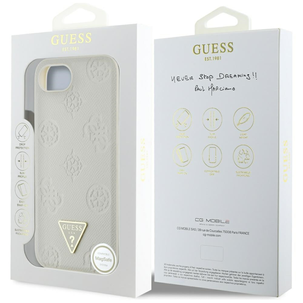 Husa MagSafe pentru Apple iPhone 16e, Guess, Peony Grained Hot Stamp Triangle , Bej