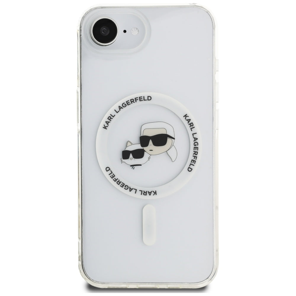 Husa MagSafe pentru Apple iPhone 16e, Karl Lagerfeld, IML Metal Karl & Choupette's Heads, Alba