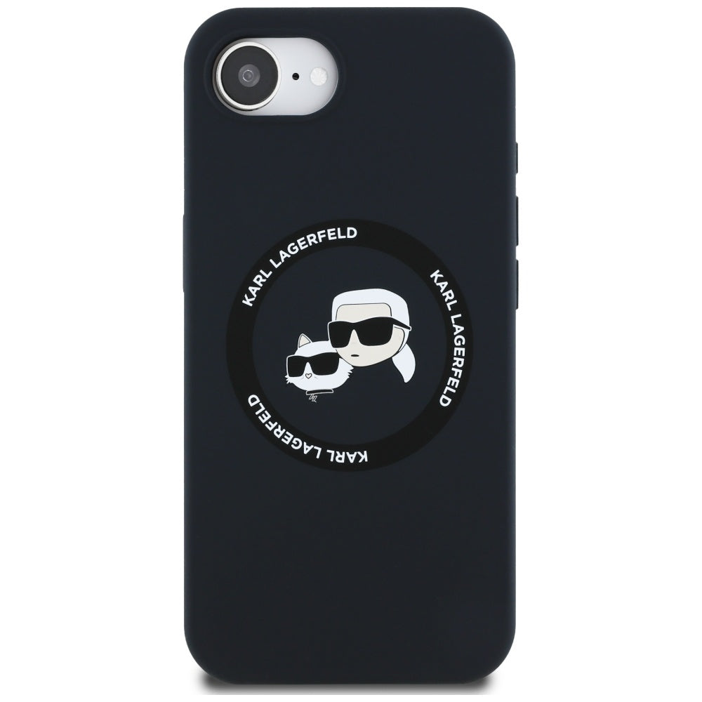 Husa MagSafe pentru Apple iPhone 16e, Karl Lagerfeld, Silicone Karl & Choupette's Heads, Neagra