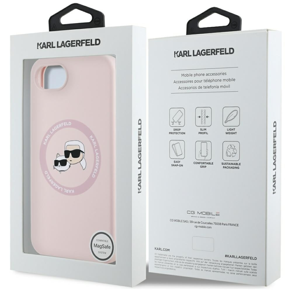 Husa MagSafe pentru Apple iPhone 16e, Karl Lagerfeld, Silicone Karl & Choupette's Heads, Roz
