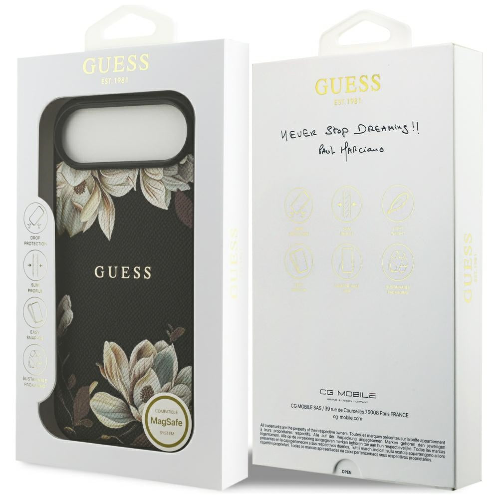 Husa MagSafe pentru Apple iPhone 17 Air, Guess, Grained Flowers, Neagra