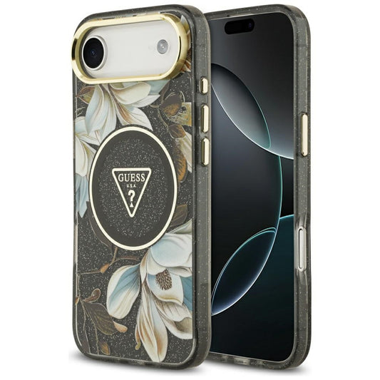 Husa MagSafe pentru Apple iPhone 17 Air, Guess, IML Metal Glitter Flowers Triangle, Neagra