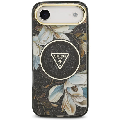 Husa MagSafe pentru Apple iPhone 17 Air, Guess, IML Metal Glitter Flowers Triangle, Neagra