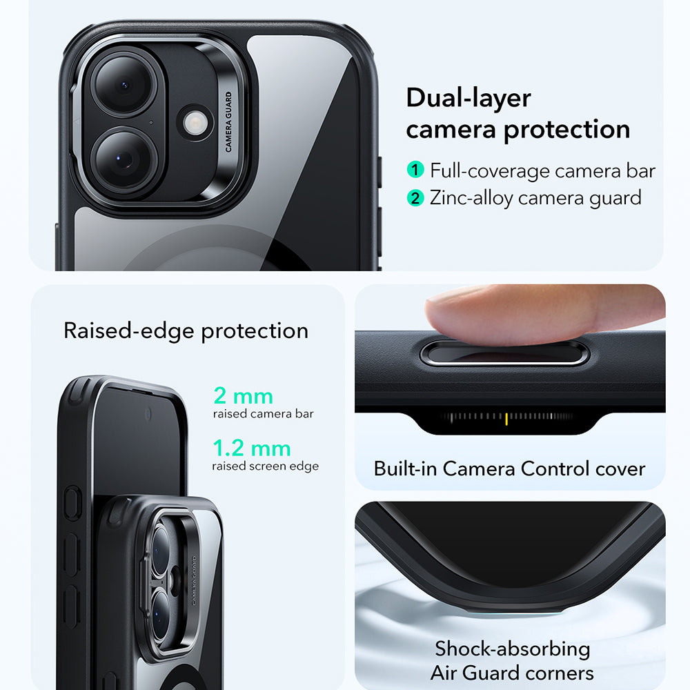 Husa MagSafe pentru Apple iPhone 17, ESR, Classic Hybrid Kickstand, Neagra Transparenta