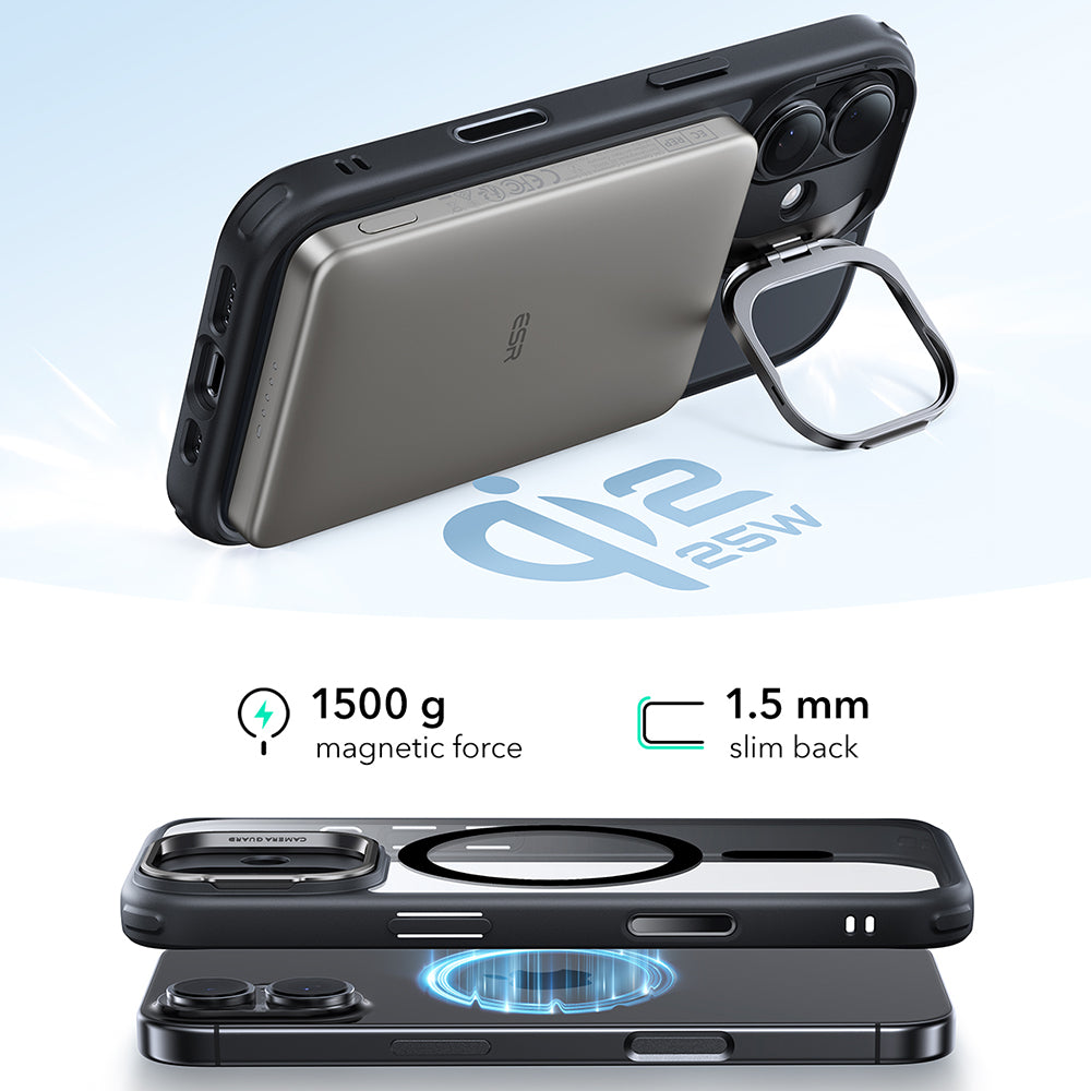 Husa MagSafe pentru Apple iPhone 17, ESR, Classic Hybrid Kickstand, Neagra Transparenta