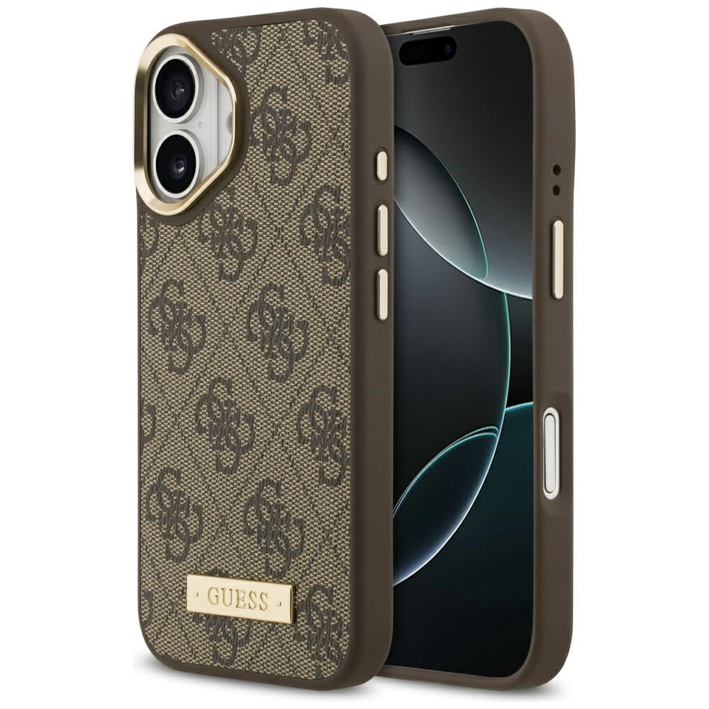 Husa MagSafe pentru Apple iPhone 17, Guess, 4G Logo Plate, Maro