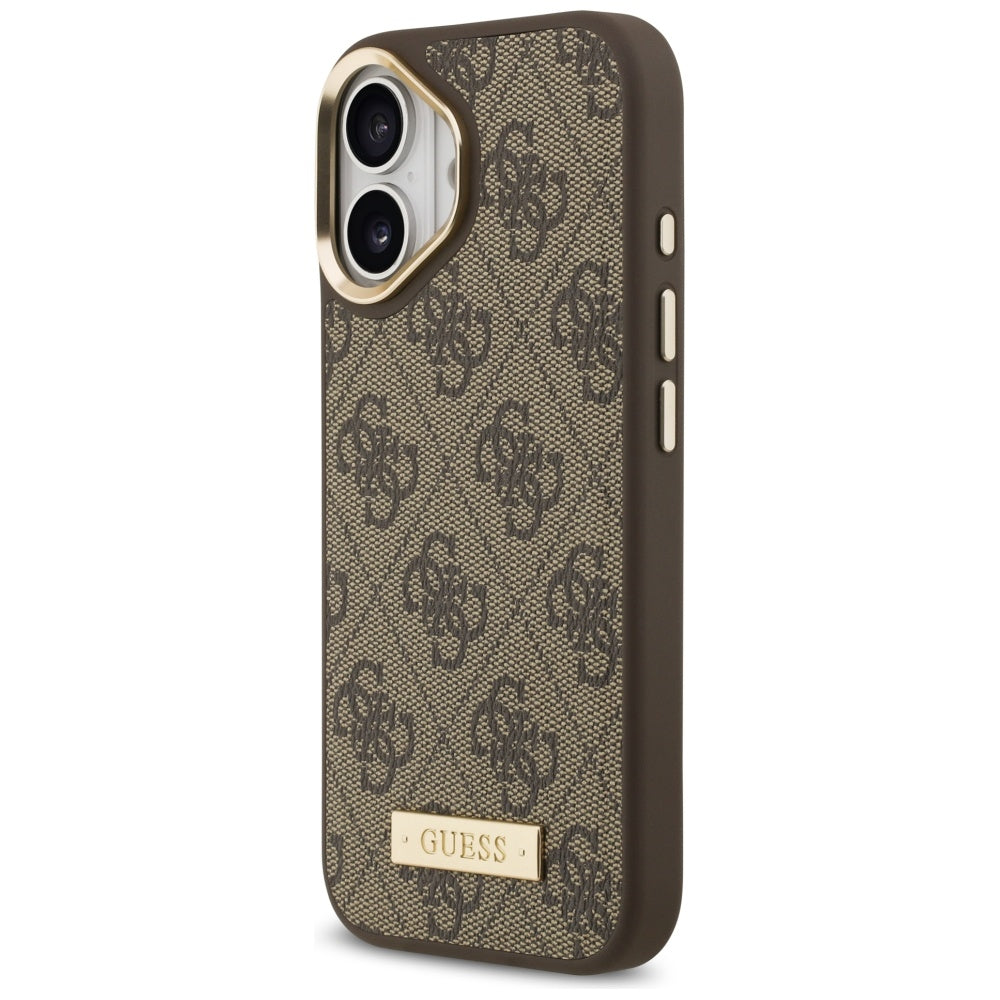 Husa MagSafe pentru Apple iPhone 17, Guess, 4G Logo Plate, Maro