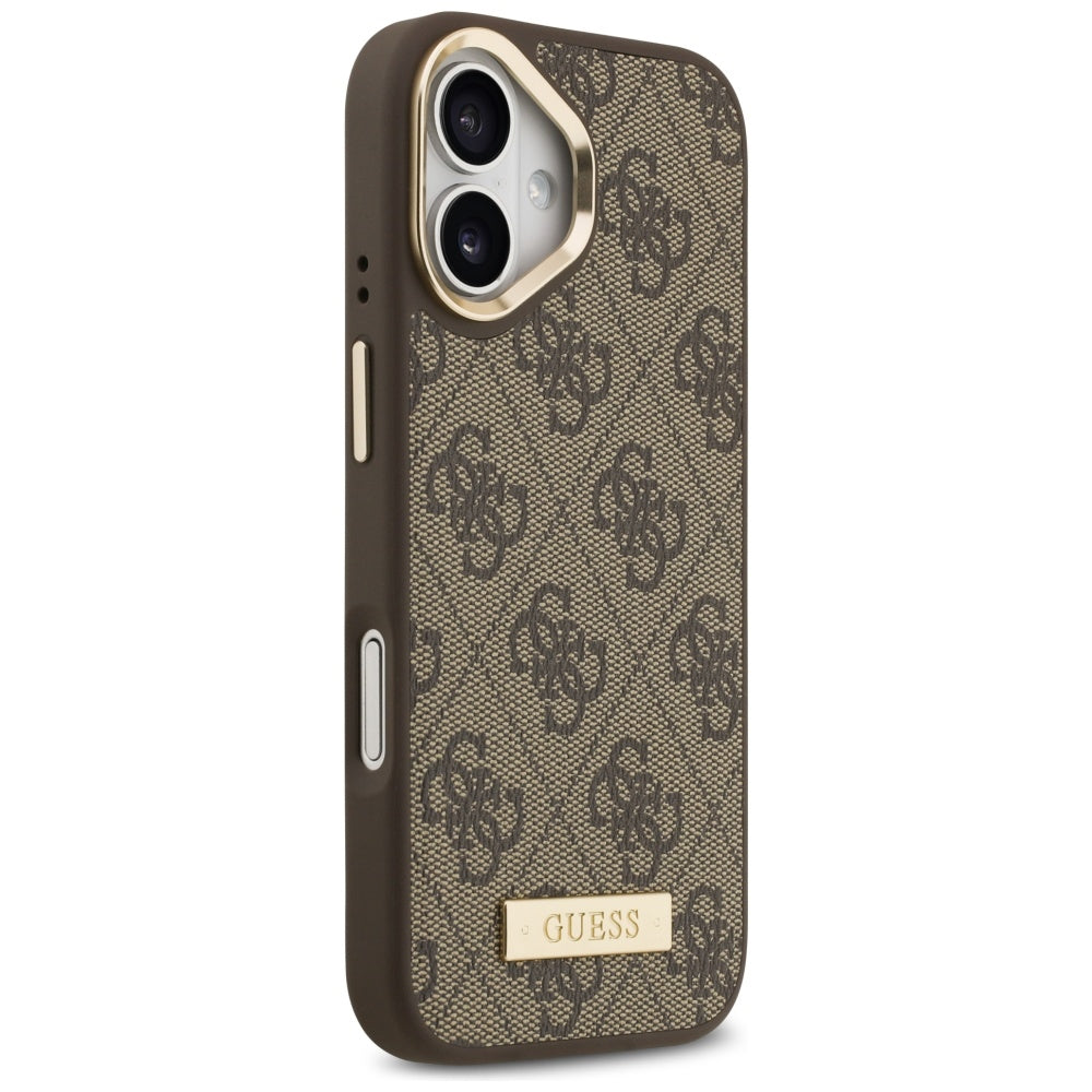 Husa MagSafe pentru Apple iPhone 17, Guess, 4G Logo Plate, Maro