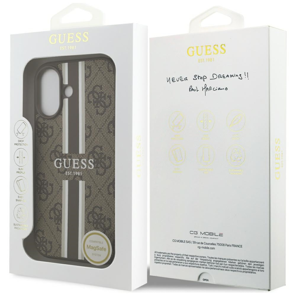 Husa MagSafe pentru Apple iPhone 17, Guess, 4G Printed Stripes, Maro
