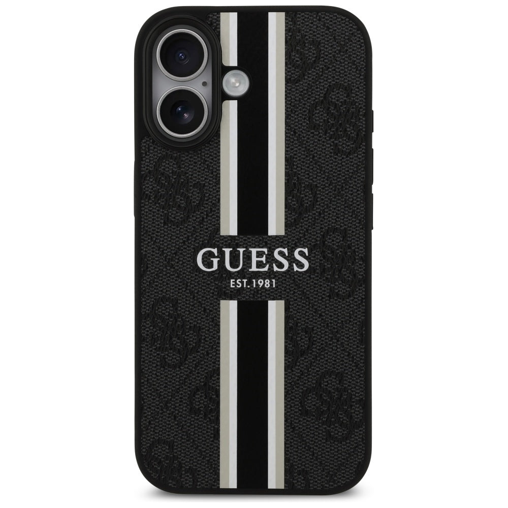 Husa MagSafe pentru Apple iPhone 17, Guess, 4G Printed Stripes, Neagra