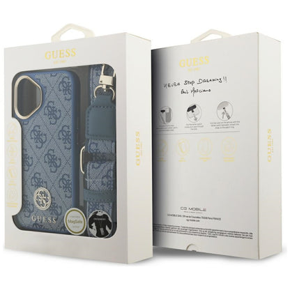 Husa MagSafe pentru Apple iPhone 17, Guess, 4G Strass Logo with Big Strap, Albastra