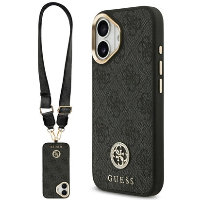 Husa MagSafe pentru Apple iPhone 17, Guess, 4G Strass Logo with Big Strap, Neagra