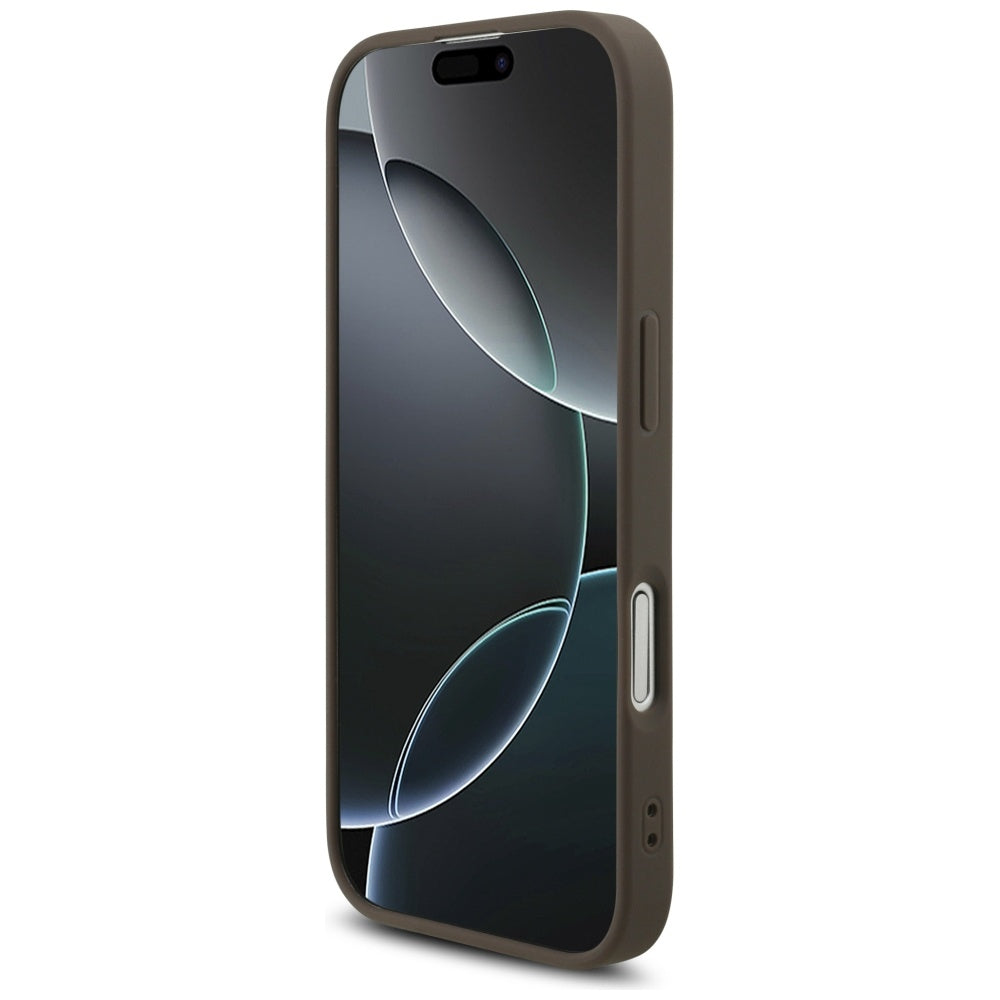 Husa MagSafe pentru Apple iPhone 17, Guess, 4G Triangle Logo Cord Strap, Maro