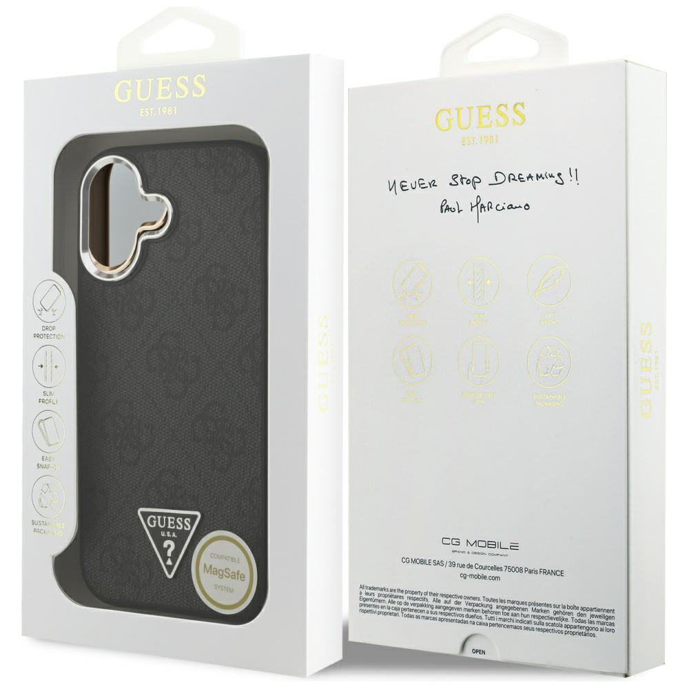 Husa MagSafe pentru Apple iPhone 17, Guess, 4G Triangle Logo, Neagra Argintie
