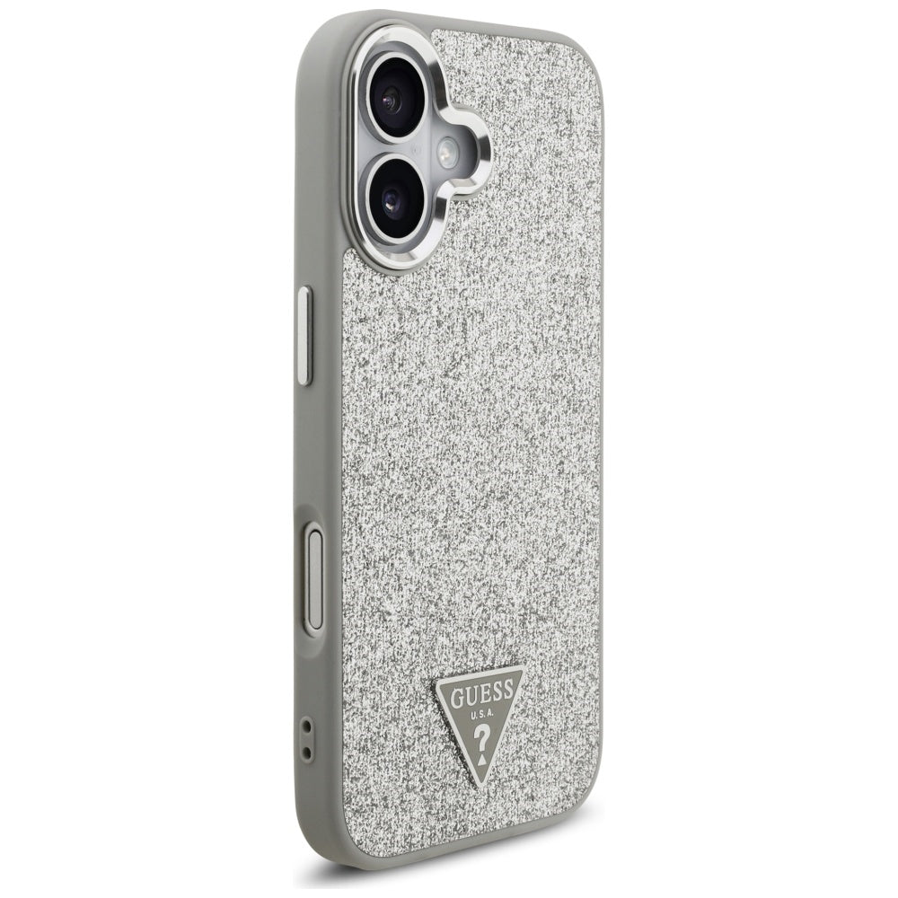 Husa MagSafe pentru Apple iPhone 17, Guess, Glitter Triangle Logo, Argintie