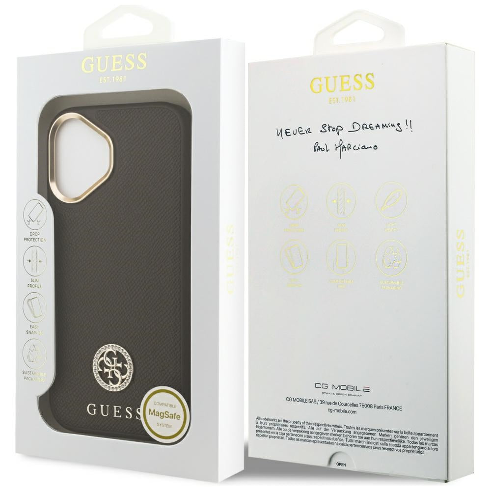 Husa MagSafe pentru Apple iPhone 17, Guess, Grained Strass Logo, Maro