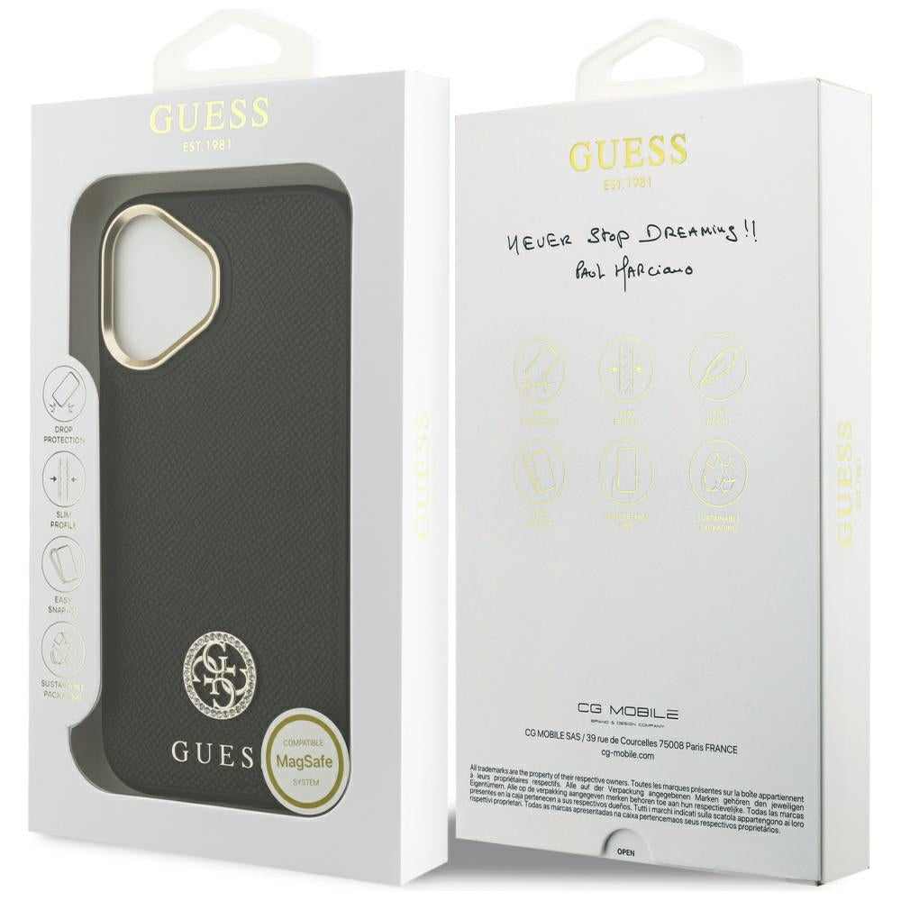 Husa MagSafe pentru Apple iPhone 17, Guess, Grained Strass Logo, Neagra