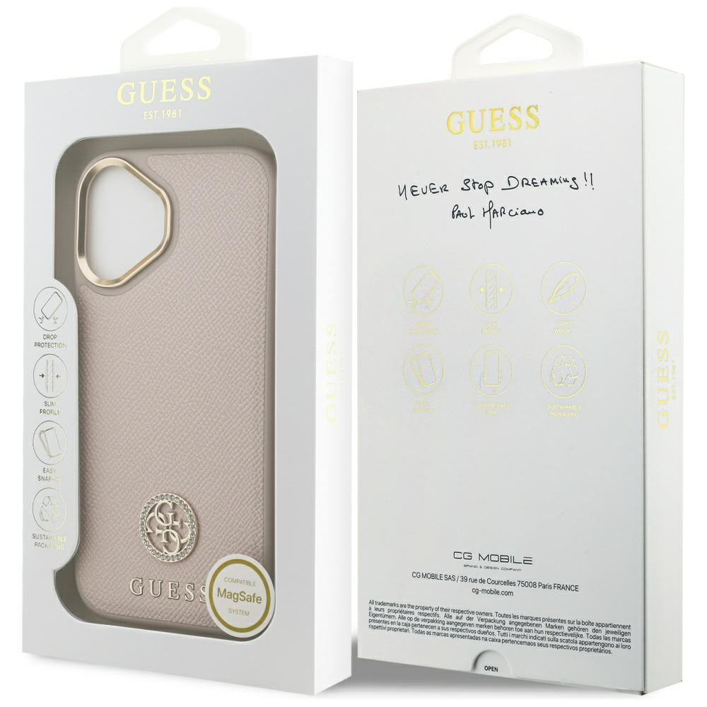 Husa MagSafe pentru Apple iPhone 17, Guess, Grained Strass Logo, Roz