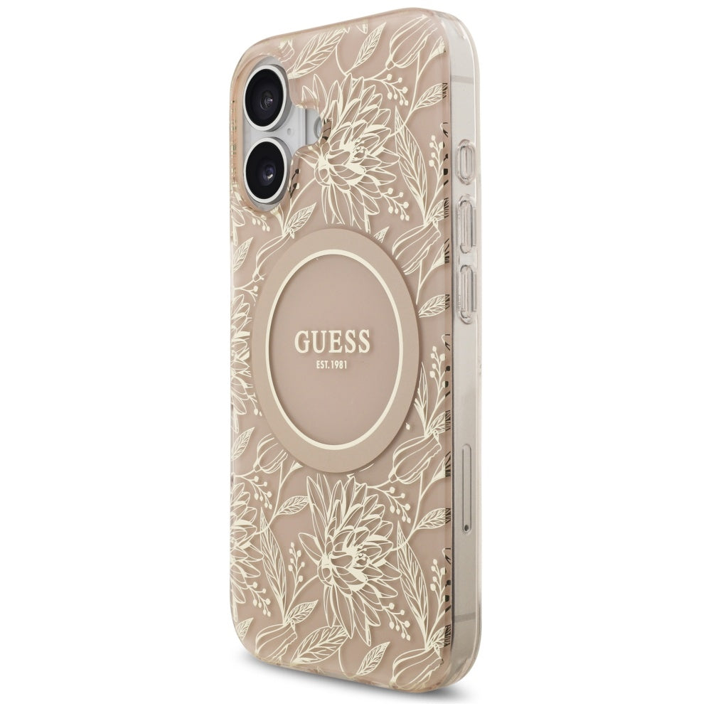 Husa MagSafe pentru Apple iPhone 17, Guess, IML Flowers Allover Electroplated with Pearl Strap, Neagra