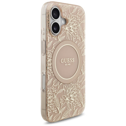 Husa MagSafe pentru Apple iPhone 17, Guess, IML Flowers Allover Electroplated with Pearl Strap, Neagra